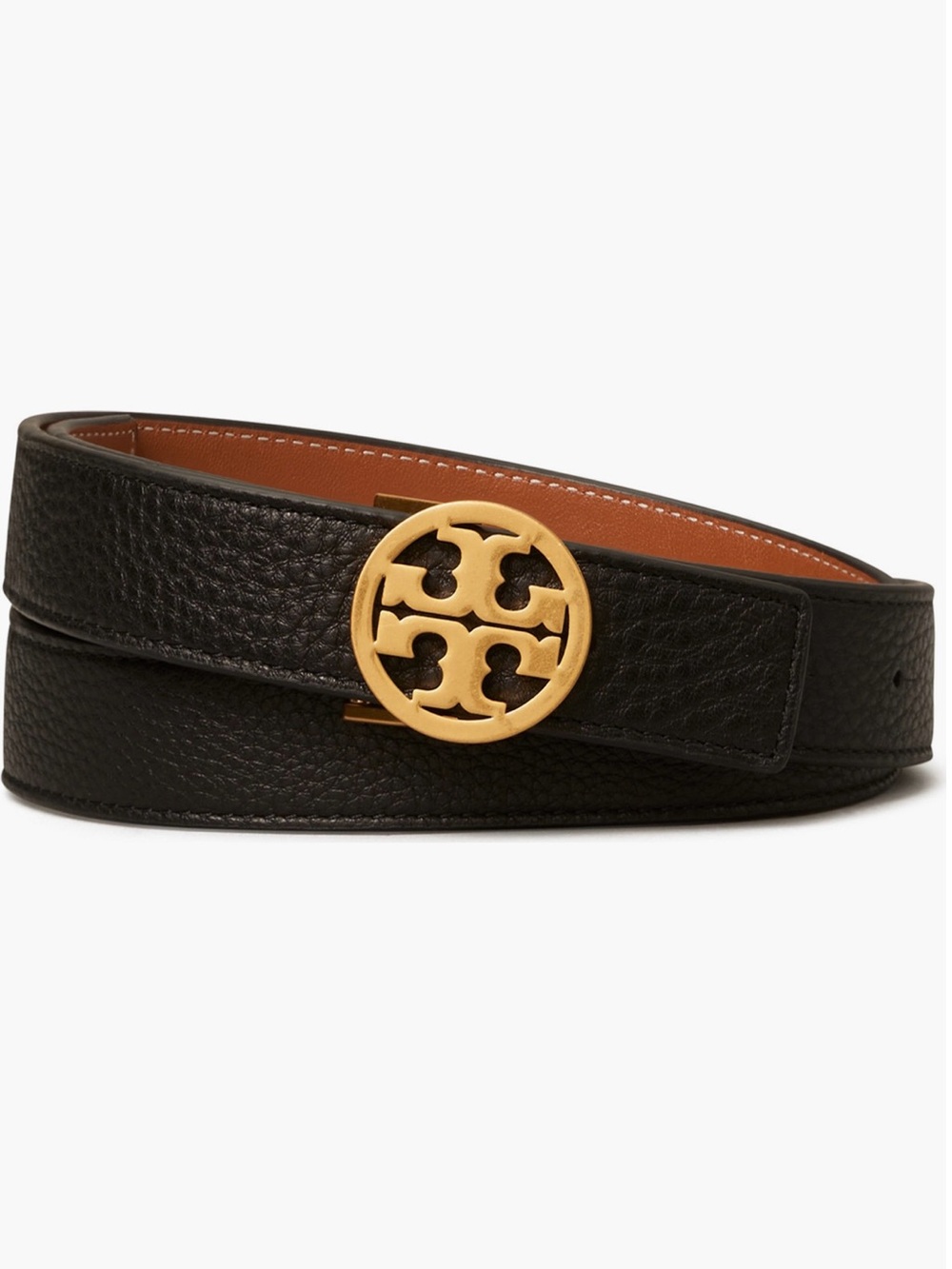 Tory Burch Black Leather Belt with Gold Logo Buckle